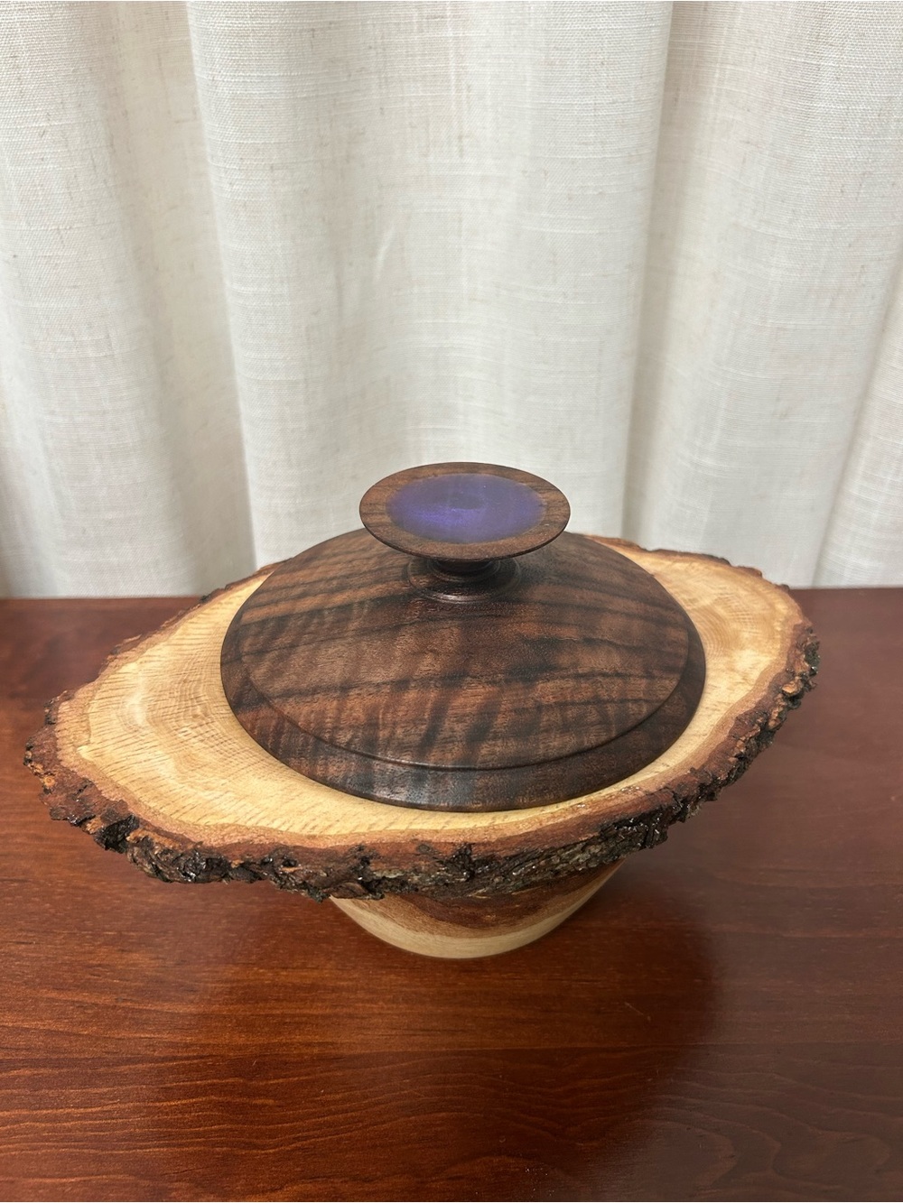 Handcrafted Oak Burl Bowl with Walnut Lid Live Edge Artisan Woodworking Decor - Picture 2 of 10
